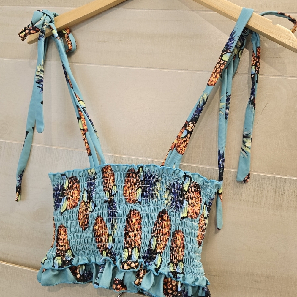 {S} Pineapple With Sunglasses Bikini Smocked Top Teal - Picture 9 of 13